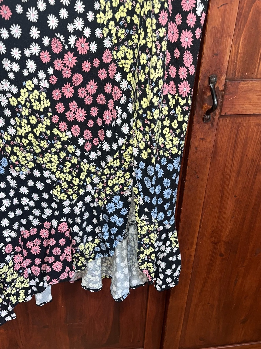 Floral Patchwork Midi Skirt - Black with Pink, Yellow & Blue Flowers